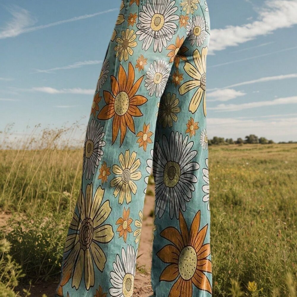 Green Casual Women's Floral High Waist Jeans - Picture 4 of 5